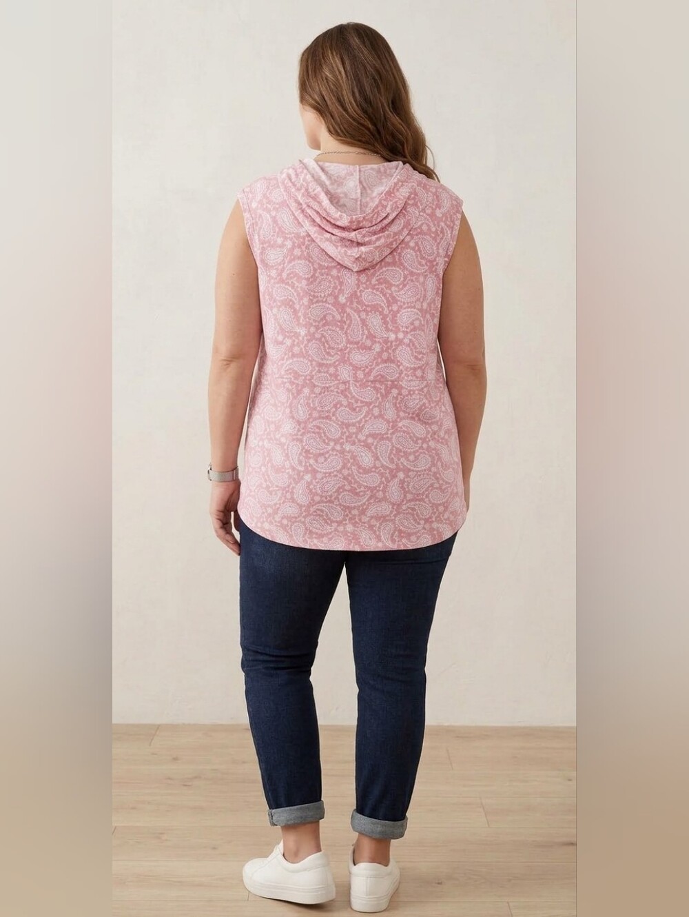 LuLaRoe Pink Paisley Print Sleeveless "Brittany" Hooded Tank Top Size Large NWT - Picture 9 of 13